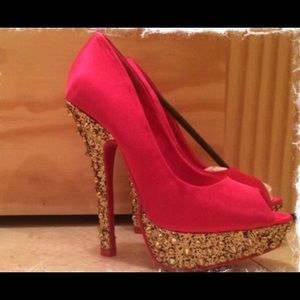 Hot pink peep toe stilettos with gold studs